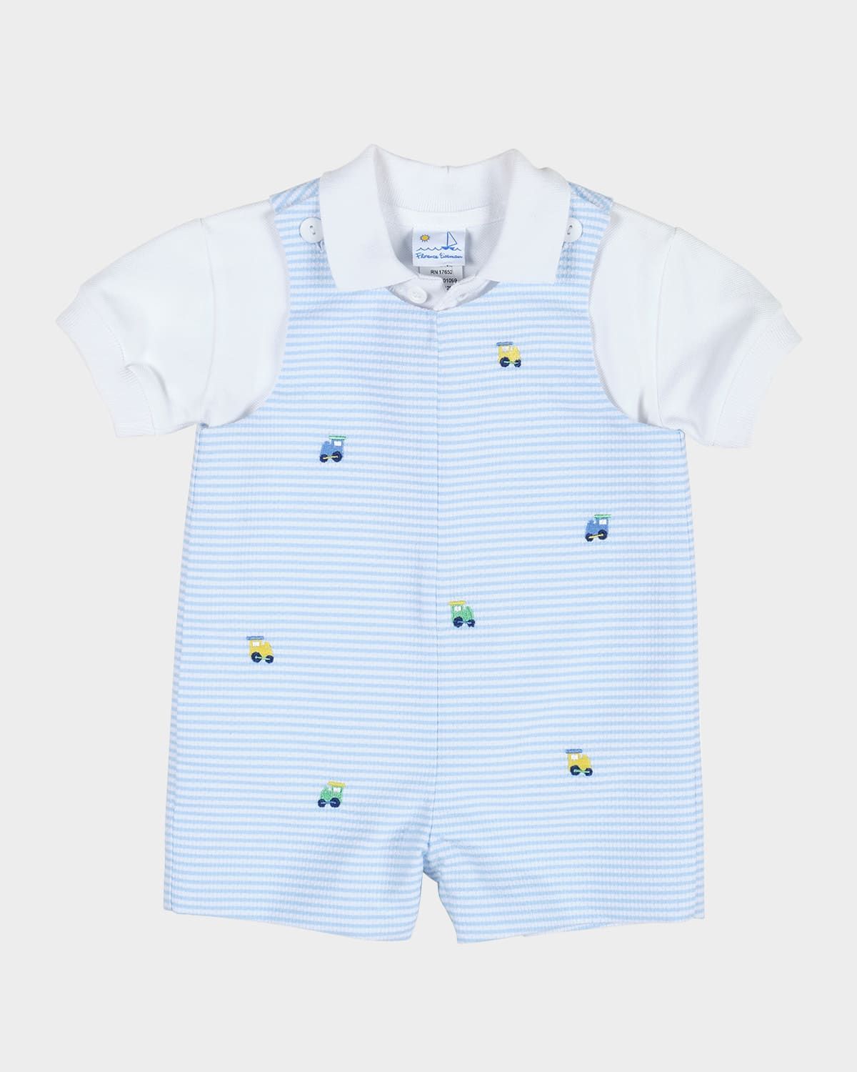 Boy & apos;s Striped Embroidered Trains Shortall W/ Polo Shirt, Size 3M-18M