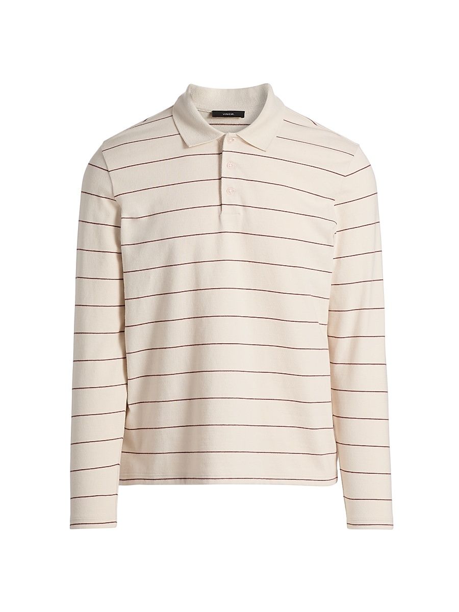 Men's Striped Long-Sleeve Polo Shirt - Smock White Deep Satin - Size XXL