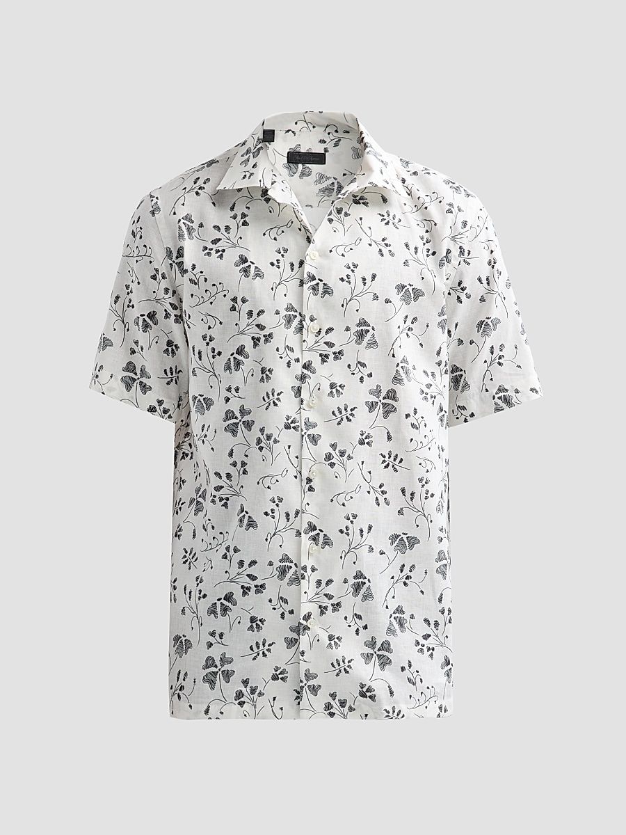 Men's COLLECTION Flower Linen-Cotton Short-Sleeve Shirt - White - Size XXL