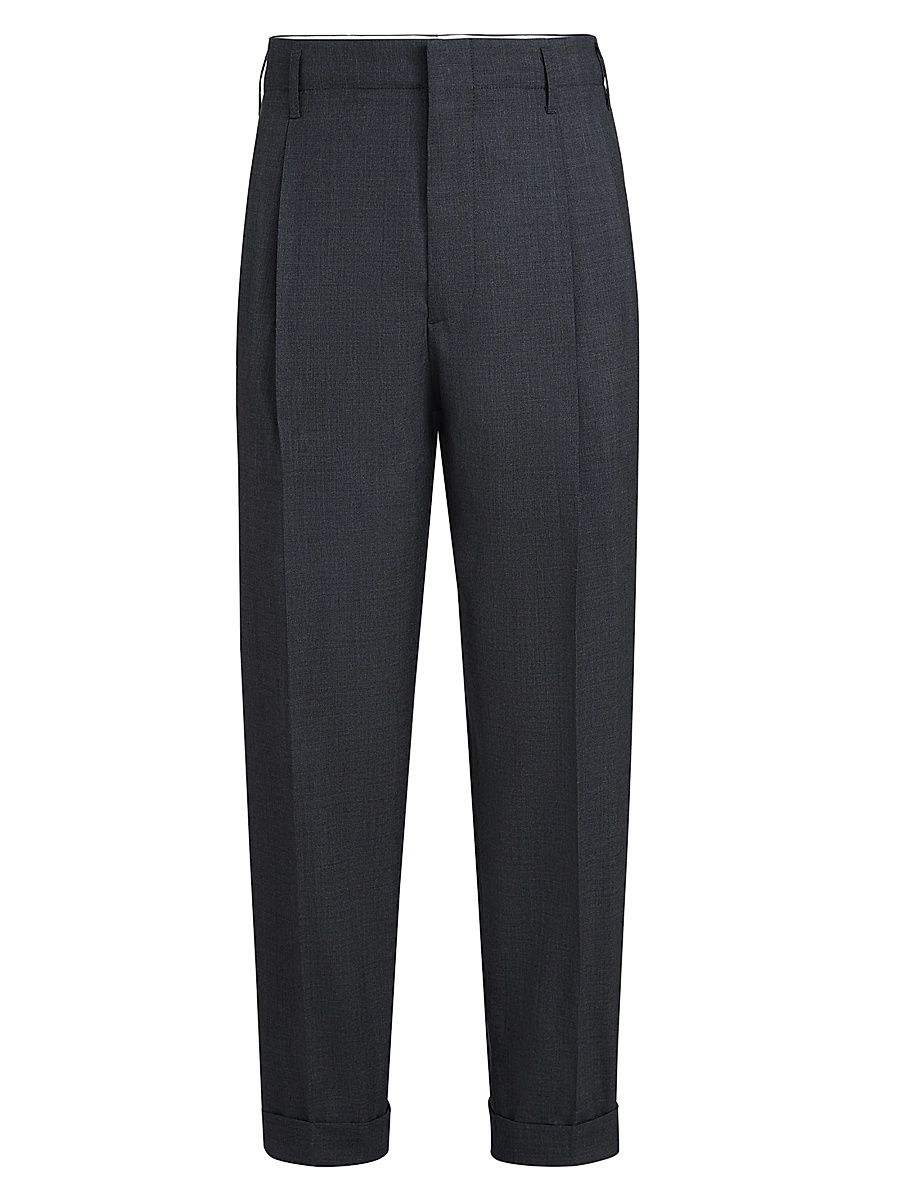 Men's Virgin Wool Fresco Trousers with Double Pleats - Anthracite - Size 48