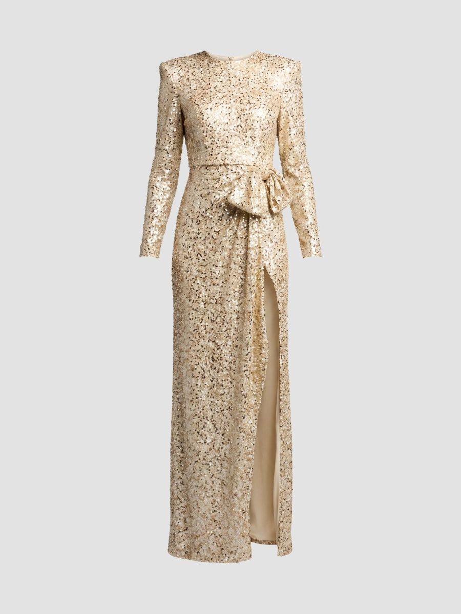 Mac Duggal Women's Sequined 3D Bow Column Gown - Champagne - Size 18
