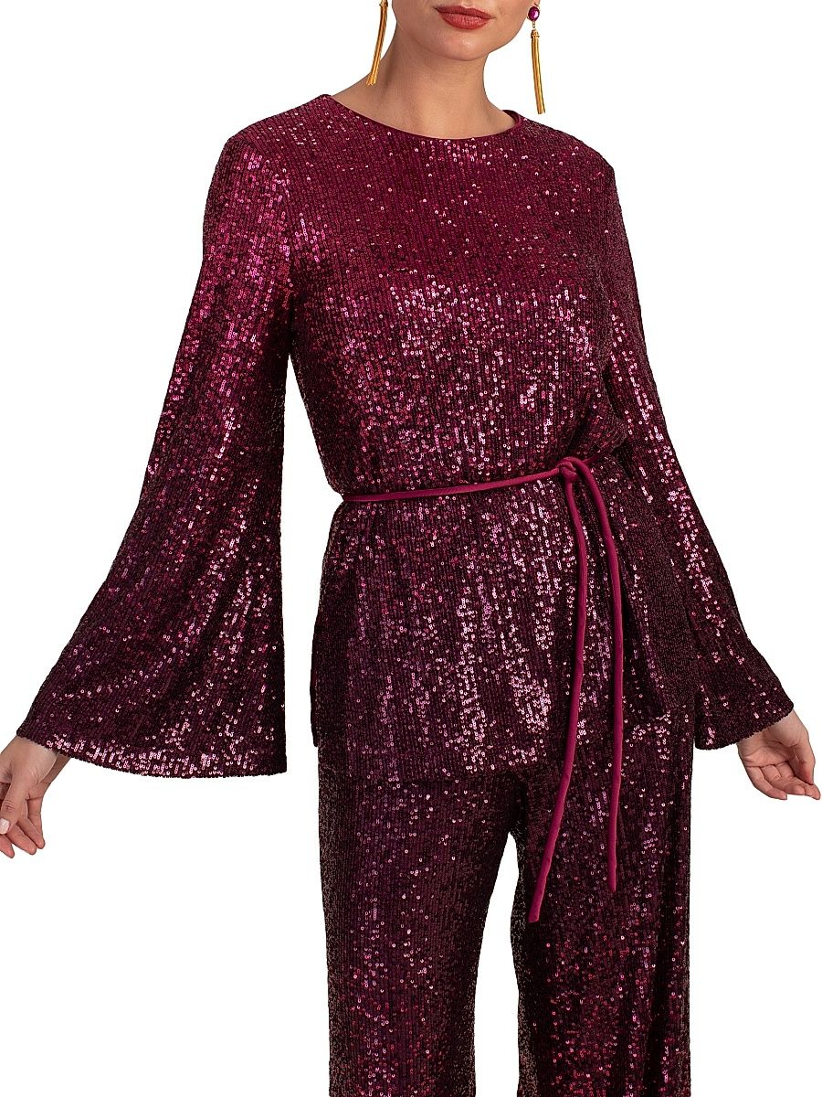 Women's West Sequin Flared-Sleeve Top - Festive Fuchsia Plum - Size XXL