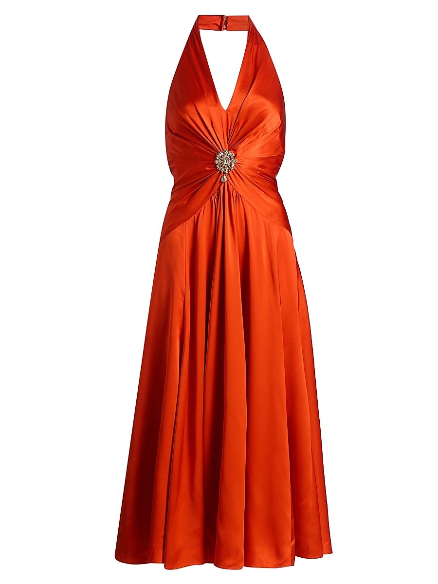 Women's Ello Silk Halter Midi-Dress - Red Tangerine - Size 16