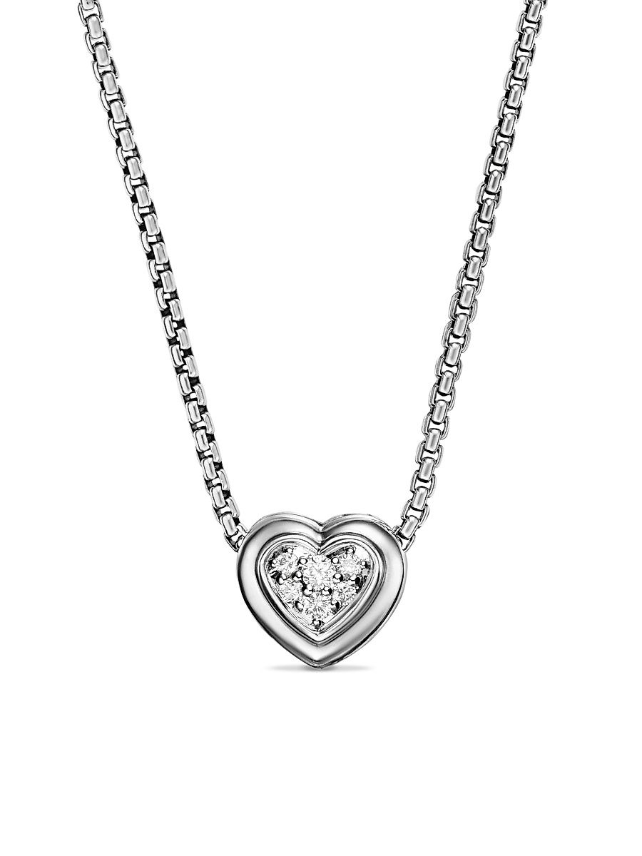 Women's Puffy Heart Pendant Necklace in Sterling Silver with Diamonds, 7.8 MM - Diamond - Size 17