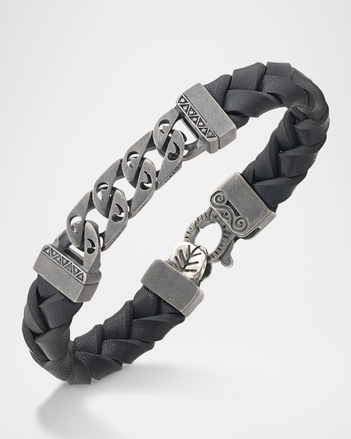 Men & apos;s Flaming Tongue Braided Leather and Silver Bracelet with Black Diamonds
