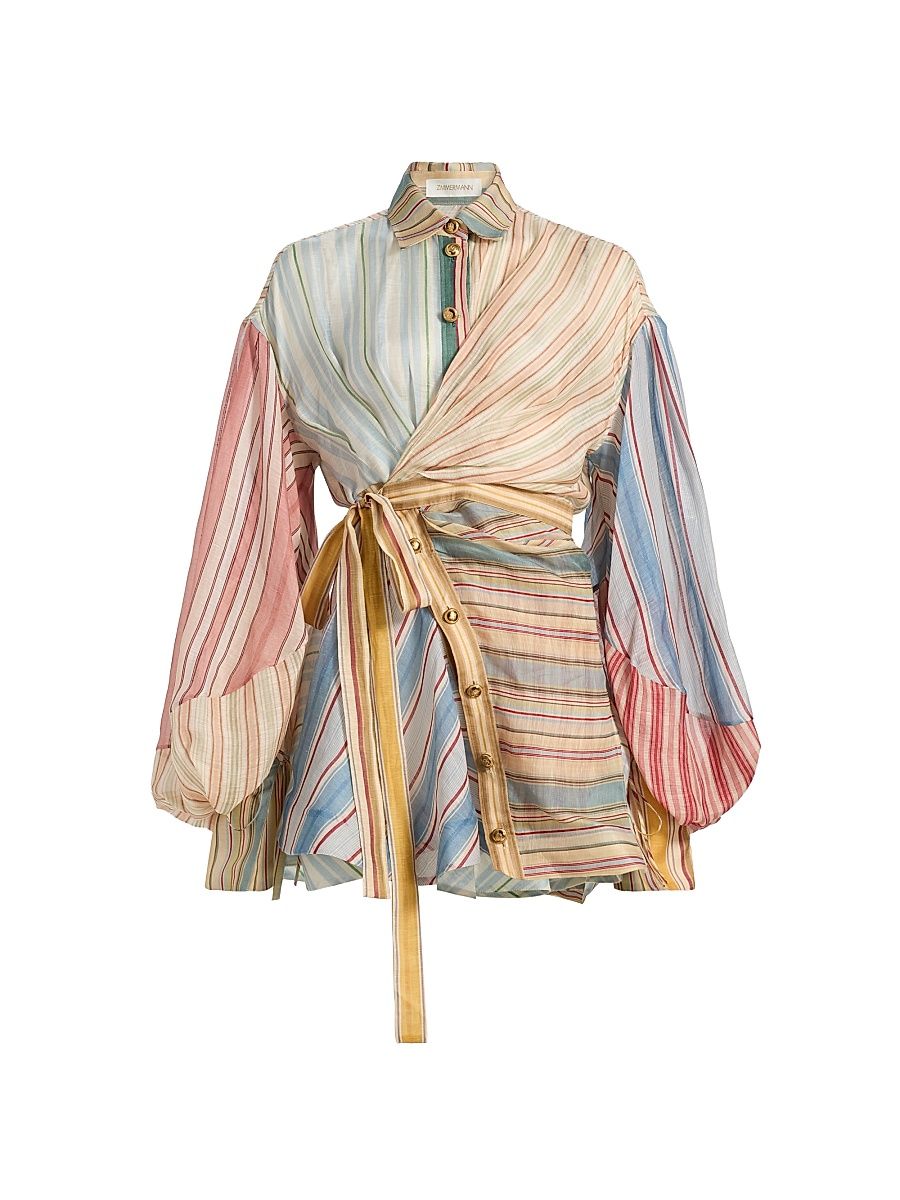 Women's Rebellion Striped Linen-Silk Mini-Shirtdress - Spliced Stripes - Size 10