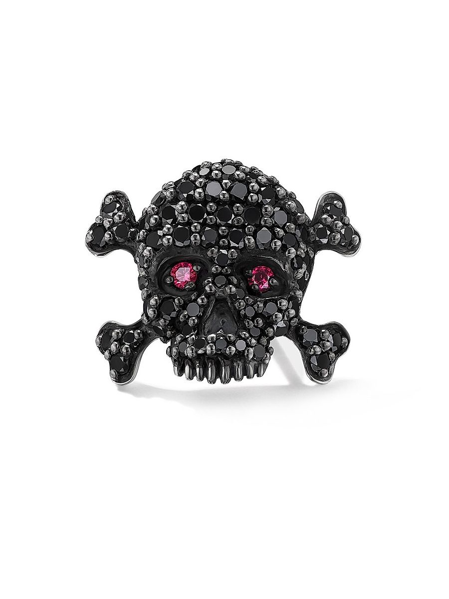 Men's Memento Mori Skull Stud Earring in Sterling Silver - Black Diamond
