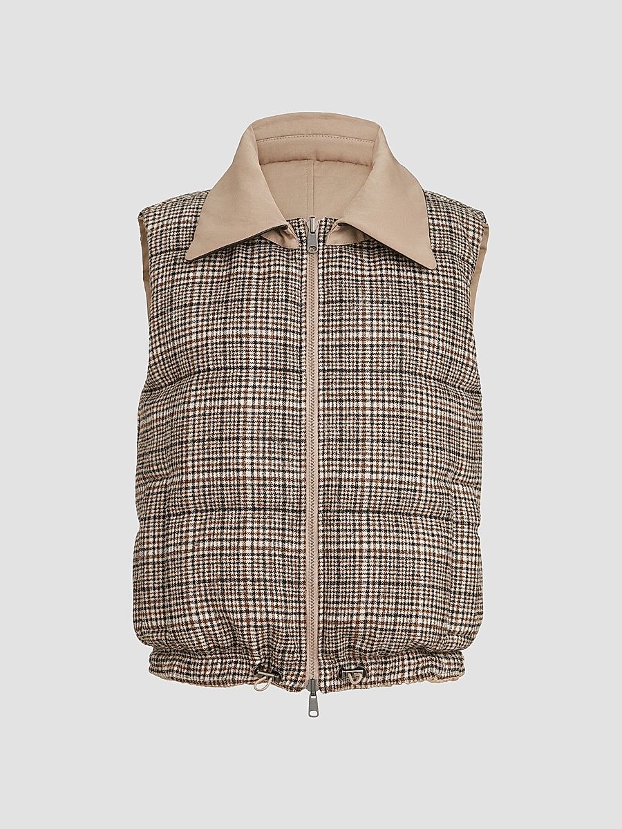 Women's Twill and Prince of Wales Reversible Down Vest with Detchable Leather Collar - Camel - Size 4