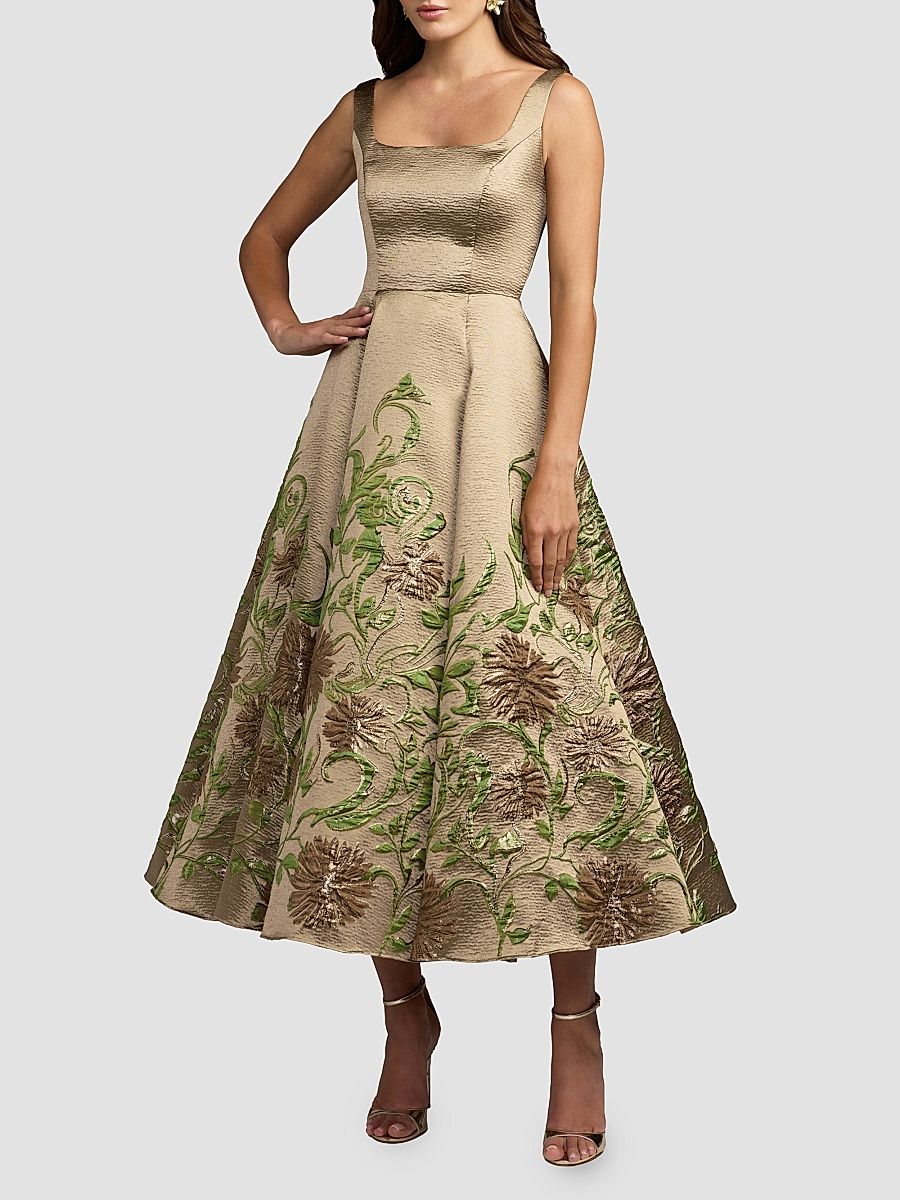 Women's Floral Brocade Midi Dress - Gold - Size 2