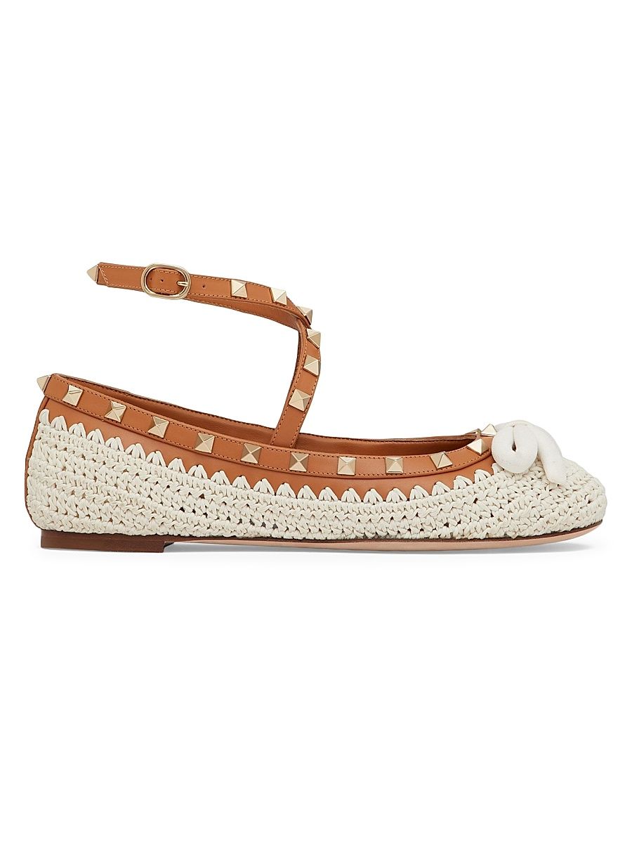 Women's Rockstud Ballerinas with Crochet Embroidery - Natural Almond - Size 5