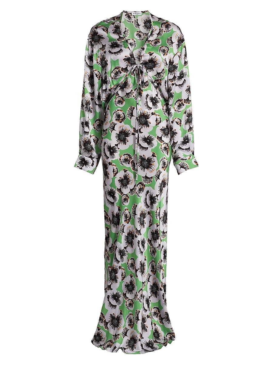 Women's Kathleen Cut-Out Silk Long-Sleeve Maxi Dress - Gatsbury Green Carnation Print - Size Medium