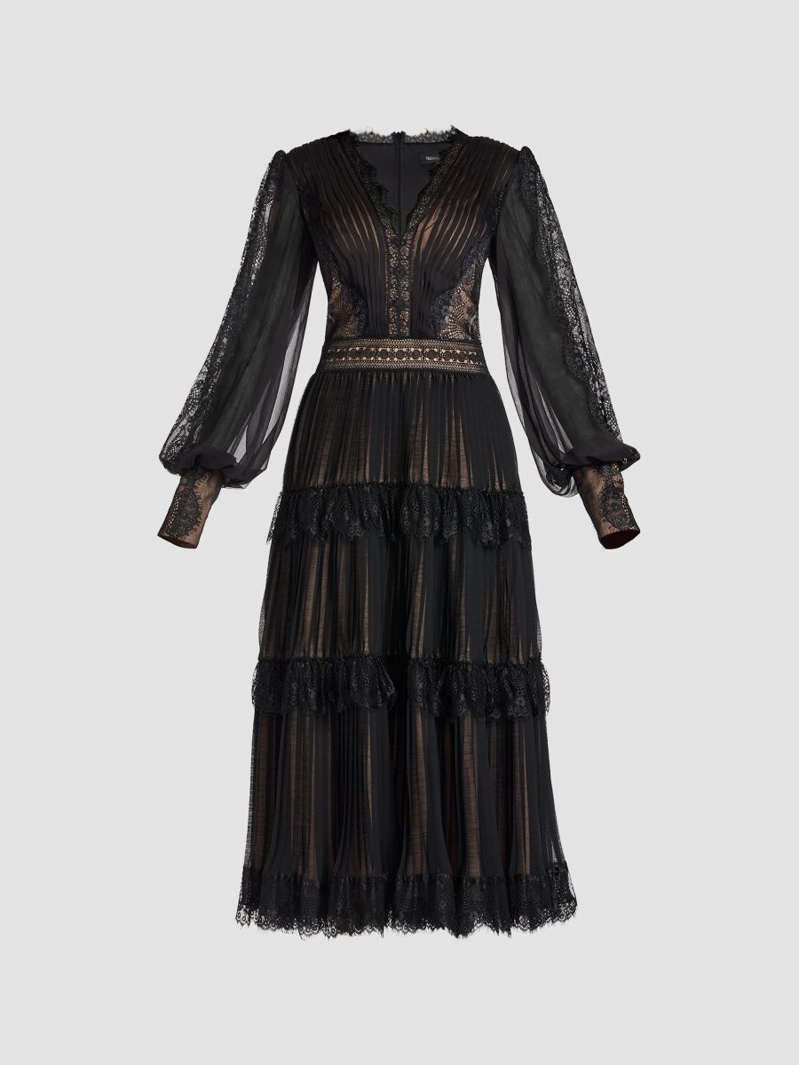 Tadashi Shoji Women's Avo Pleated Chiffon Lace Midi Dress - Black - Size 20