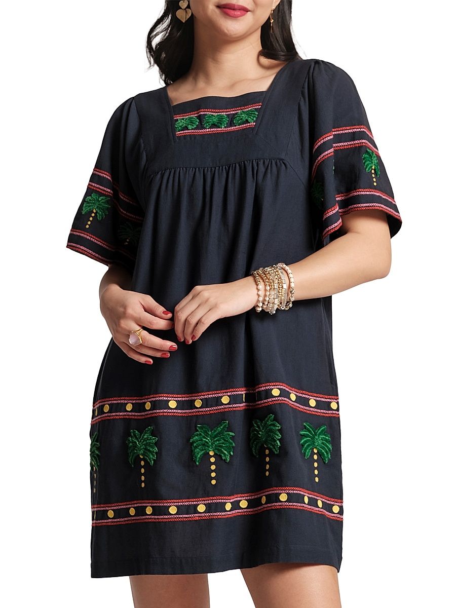 Women's Embroidered Palm Picnic Minidress - Navy Multi - Size XL