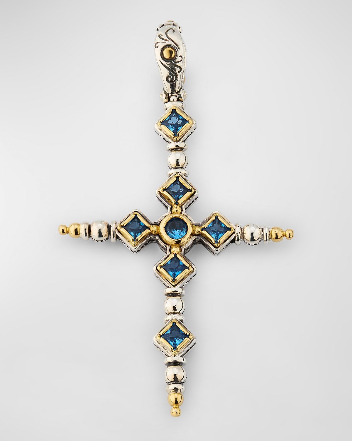 Silver and Gold Deep Blue Spinel Narrow Cross Pendant