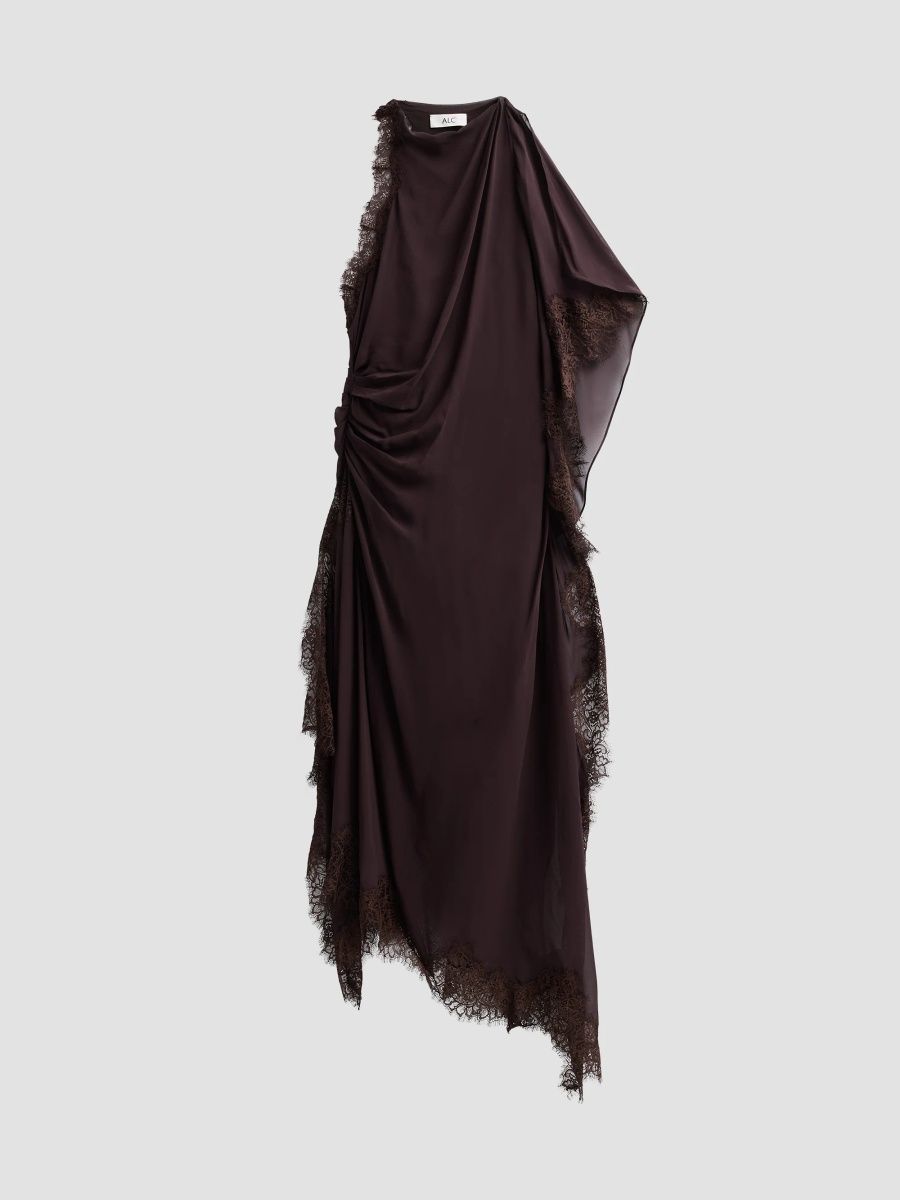 A. L.C. Women's Renata Silk-Lace Asymmetric Midi Dress - Coffee Roast - Size 14
