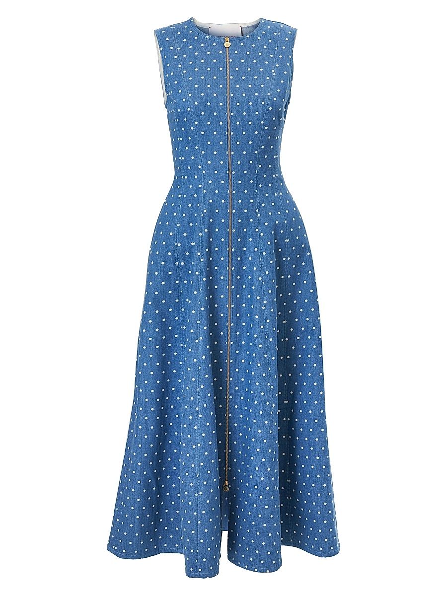 Women's Polka-Dot Denim Zip-Front Midi-Dress - Light Blue - Size 6