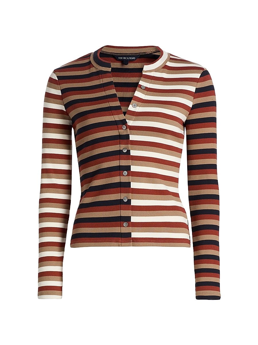 Women's Dilia Striped Button-Front Top - Malt Navy Red Oak - Size Large
