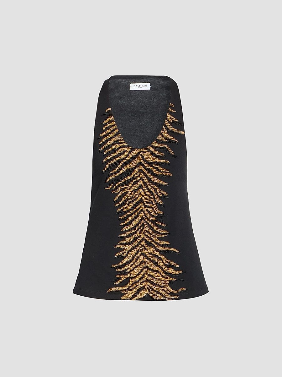 Balmain Women's Tiger-Embroidered Cotton Tank - Noir Multi - Size XL