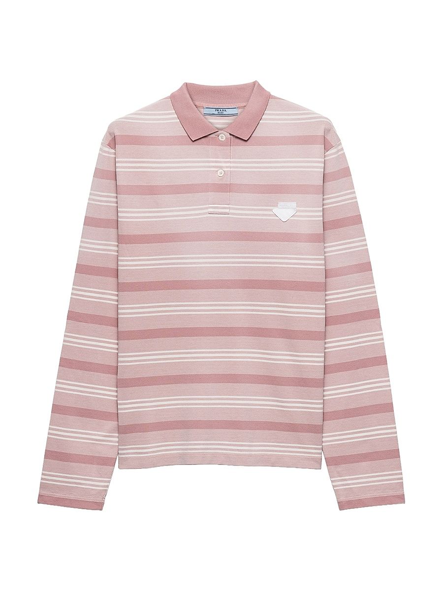 Women's Long-Sleeved Striped Piqué Polo Shirt - Pink - Size 10