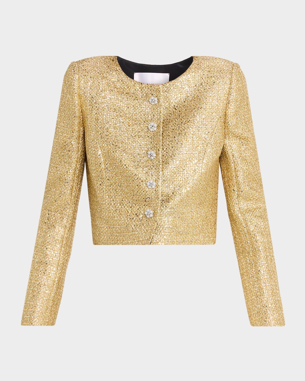 Collarless Metallic Tweed Crop Jacket