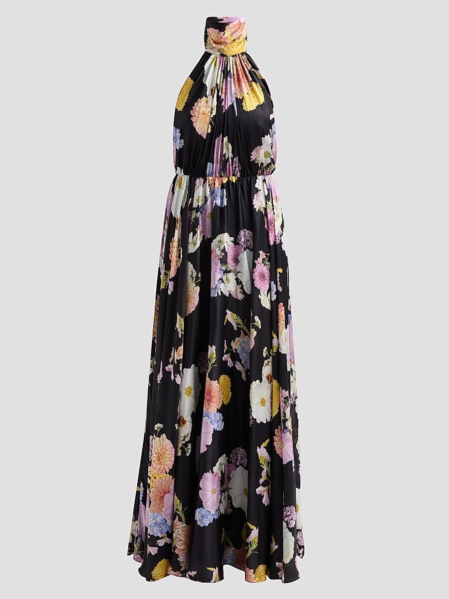 Women's Eli Floral Satin Chiffon Halter Gown - Black Dahlias - Size Small
