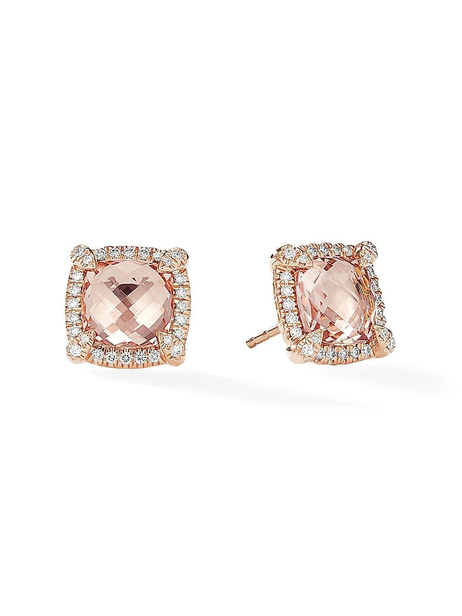 Women's Chatelaine Pavé Bezel Stud Earrings in 18K Rose Gold with Morganite and Diamonds, 8MM - Morganite