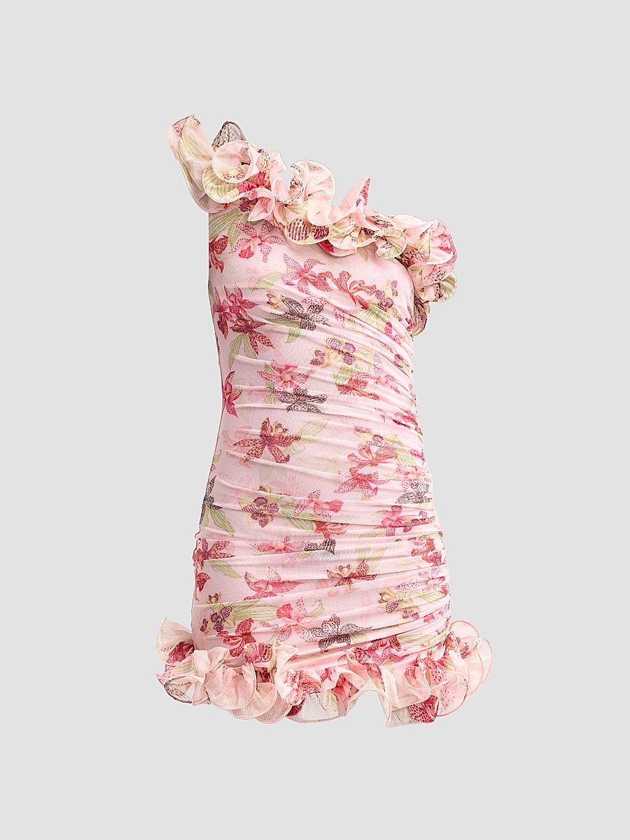 Women's Orchid Bloom One-Shoulder Chiffon Mini Dress - Rose - Size 8