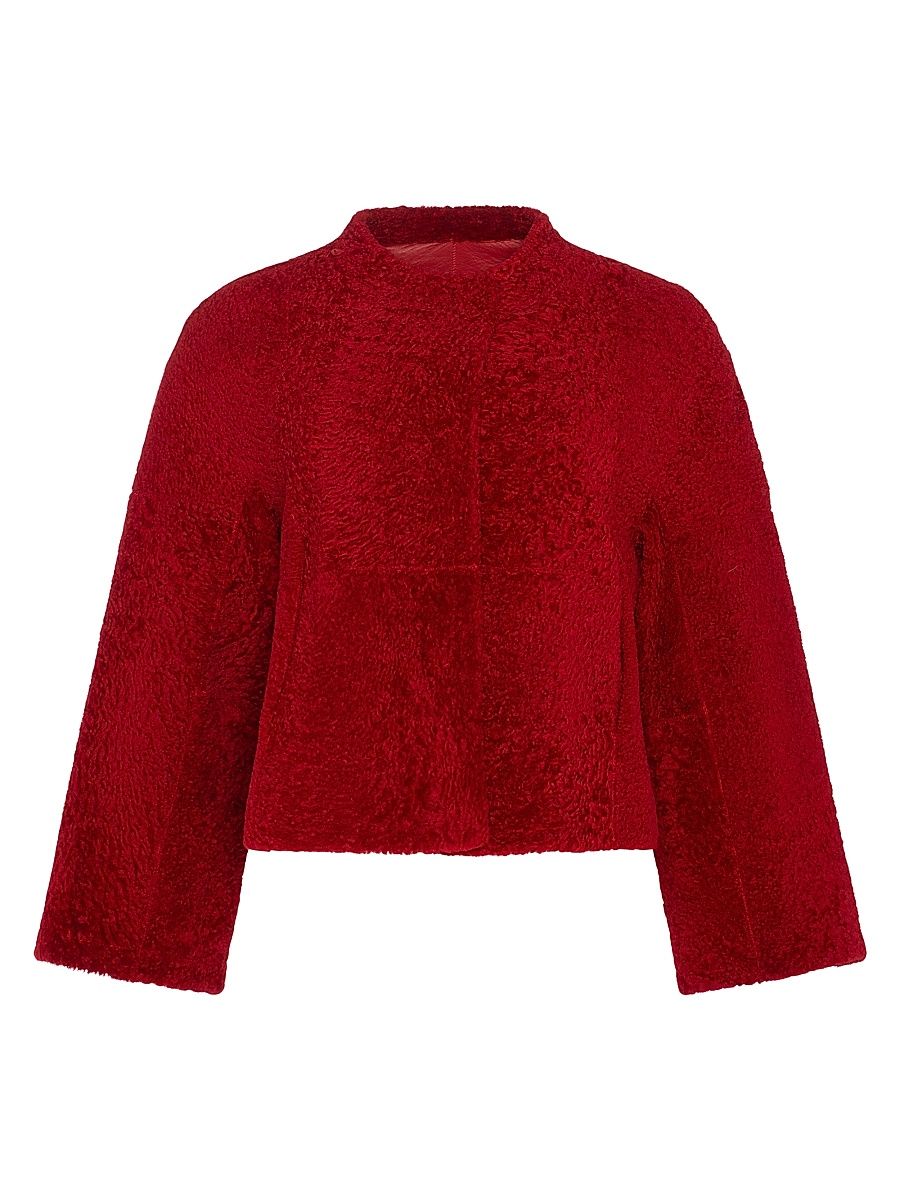 Women's Reversible Collarless New Zealand Shearling Lamb Jacket - Red - Size Medium