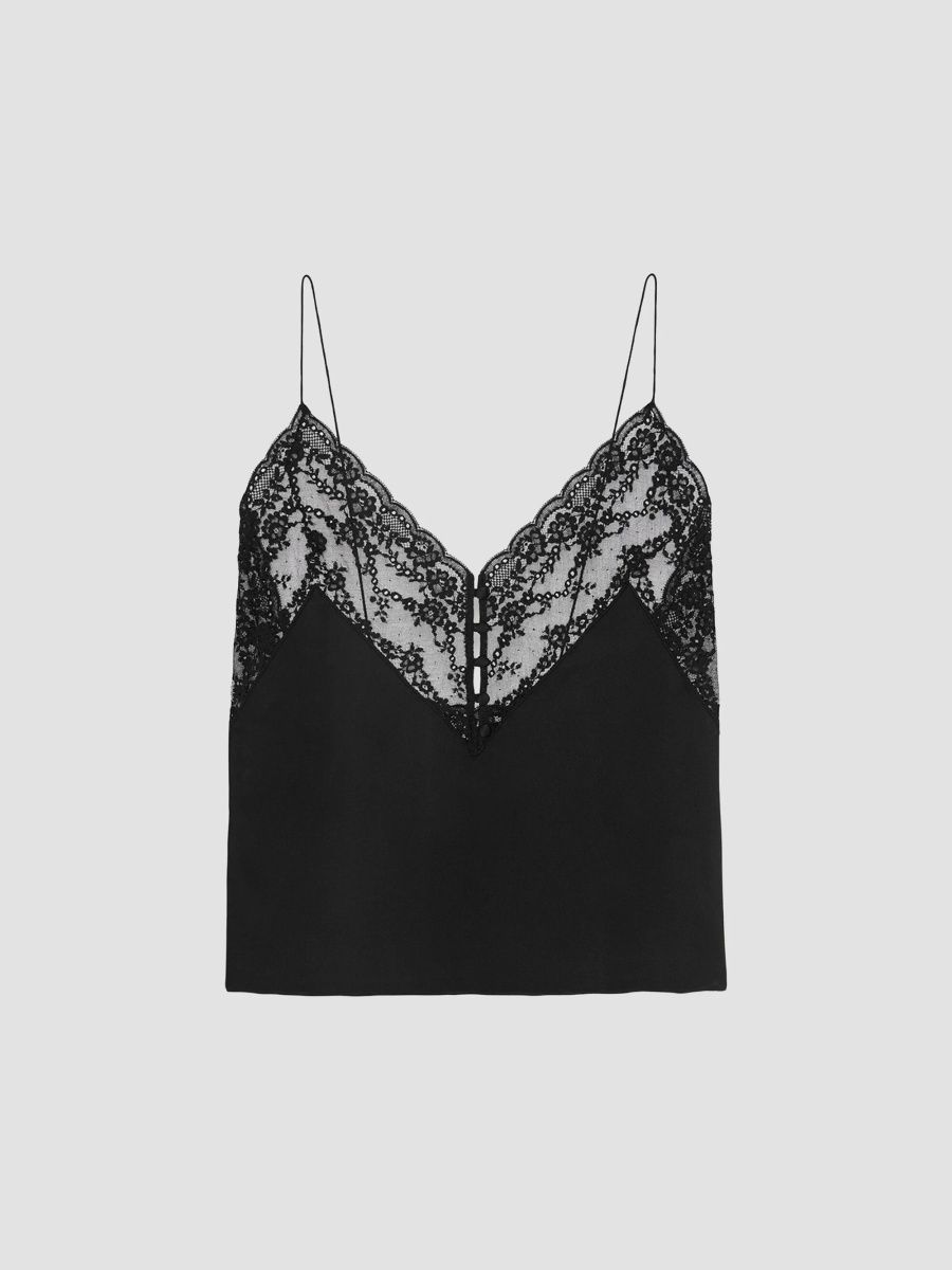 Saint Laurent Women's Top in Silk Satin Charmeuse and Lace - Black - Size 2