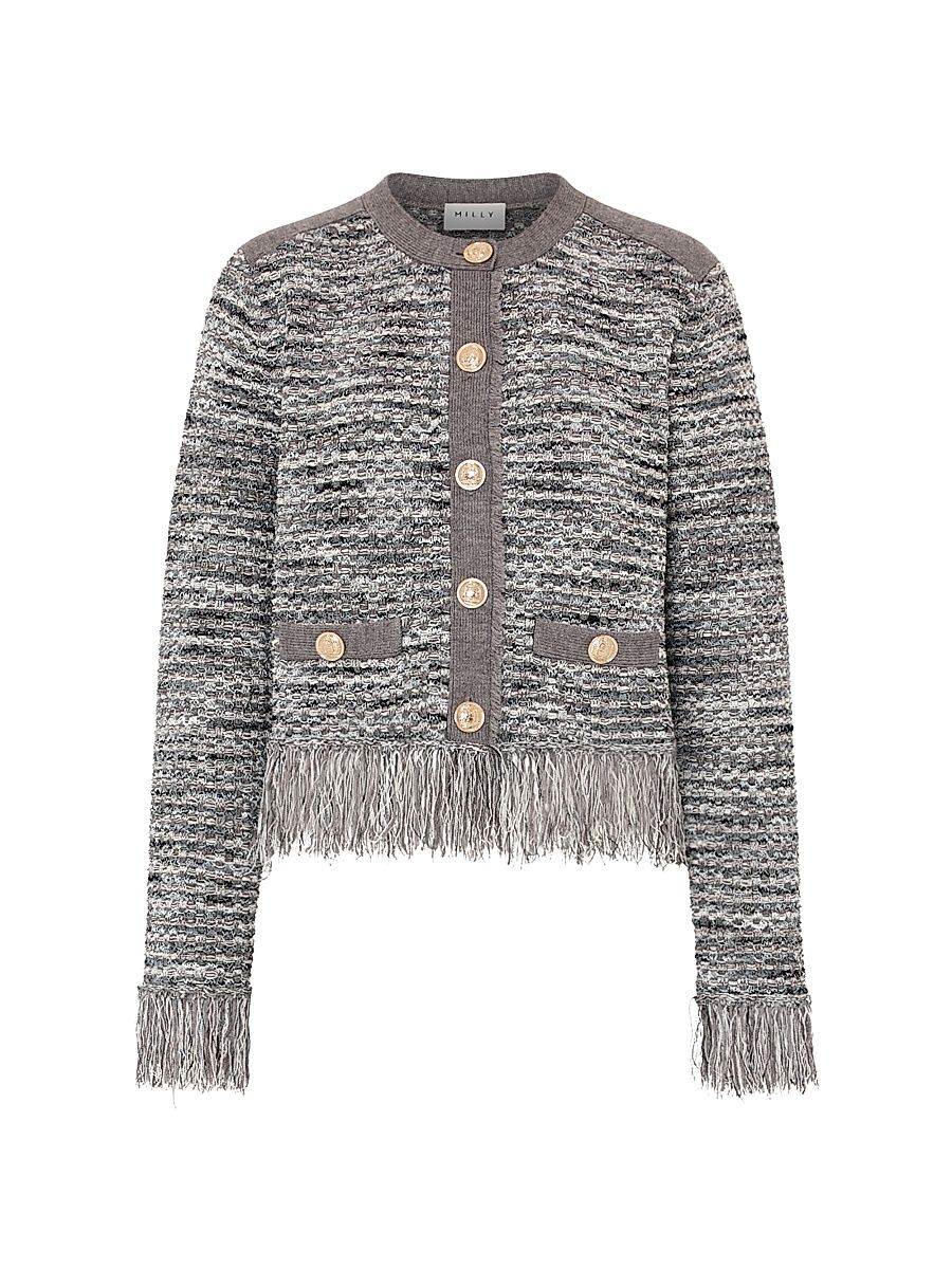Women's Kaia Textured Fringe Cardigan Jacket - Grey Multi - Size Large