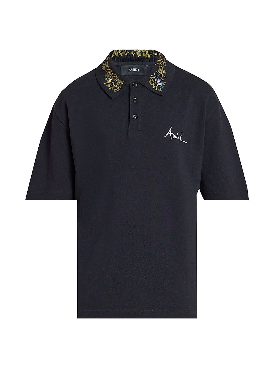 Men's Embroidered Floral Collar Polo Shirt - Black - Size XS