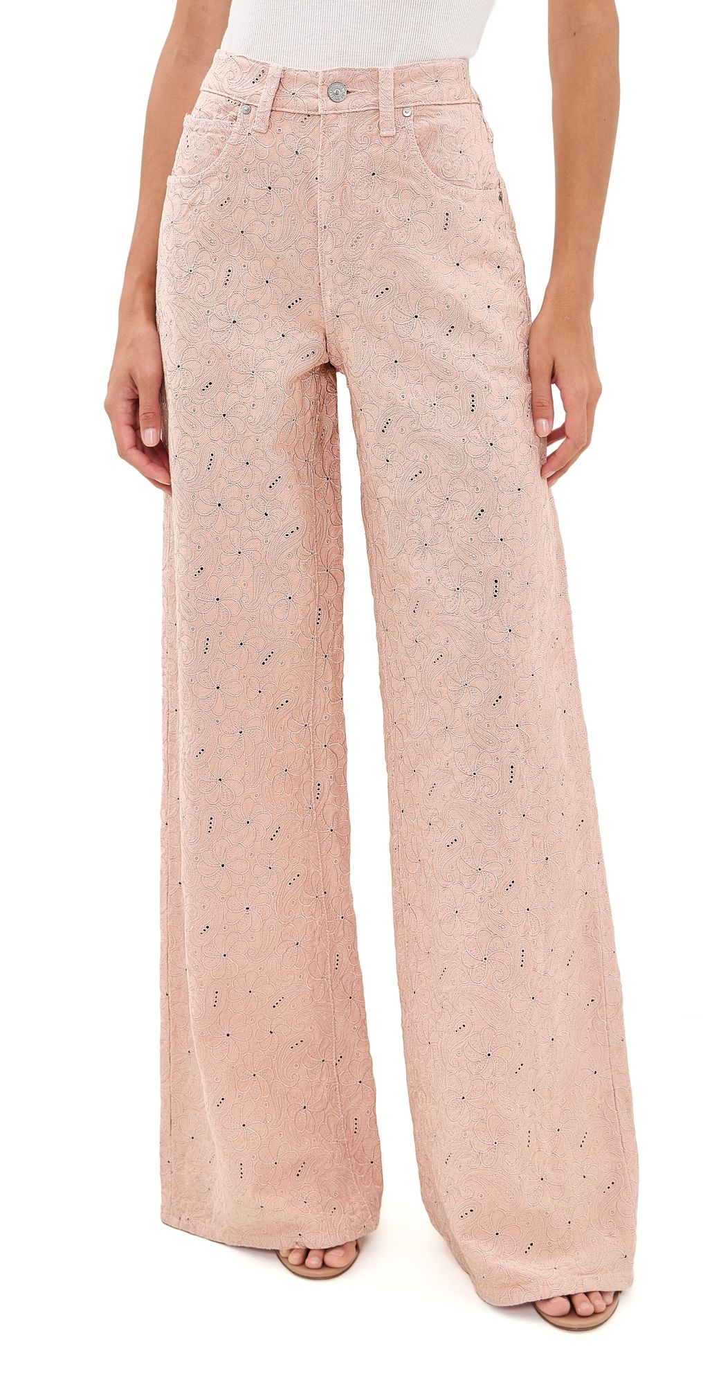 PAIGE Cameron Wide Leg Jeans Sunset Peach Embroidered 32