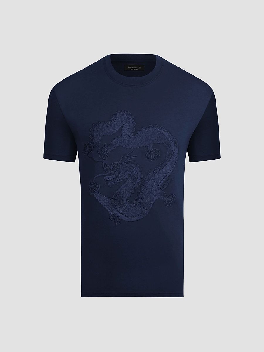 Men's Dragon Embroidered Design T-Shirt - Blue Navy - Size XXL