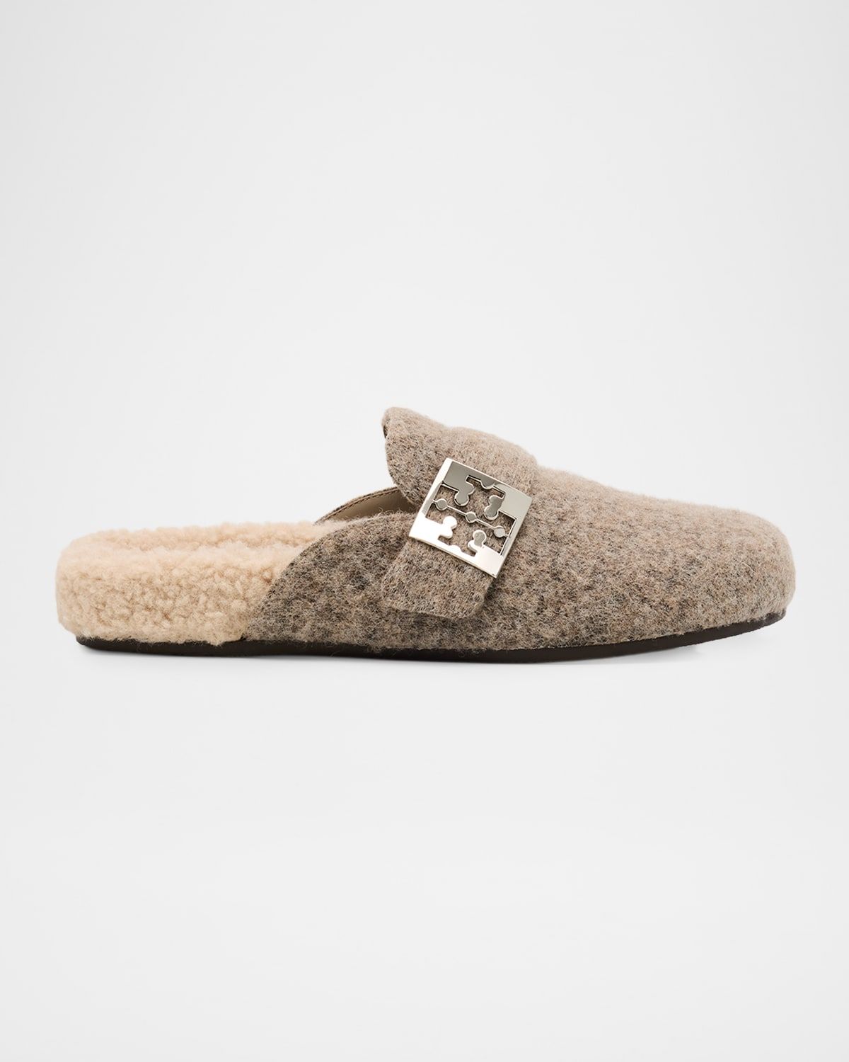 Mellow Logo Buckle Wool & Faux Shearling Mules