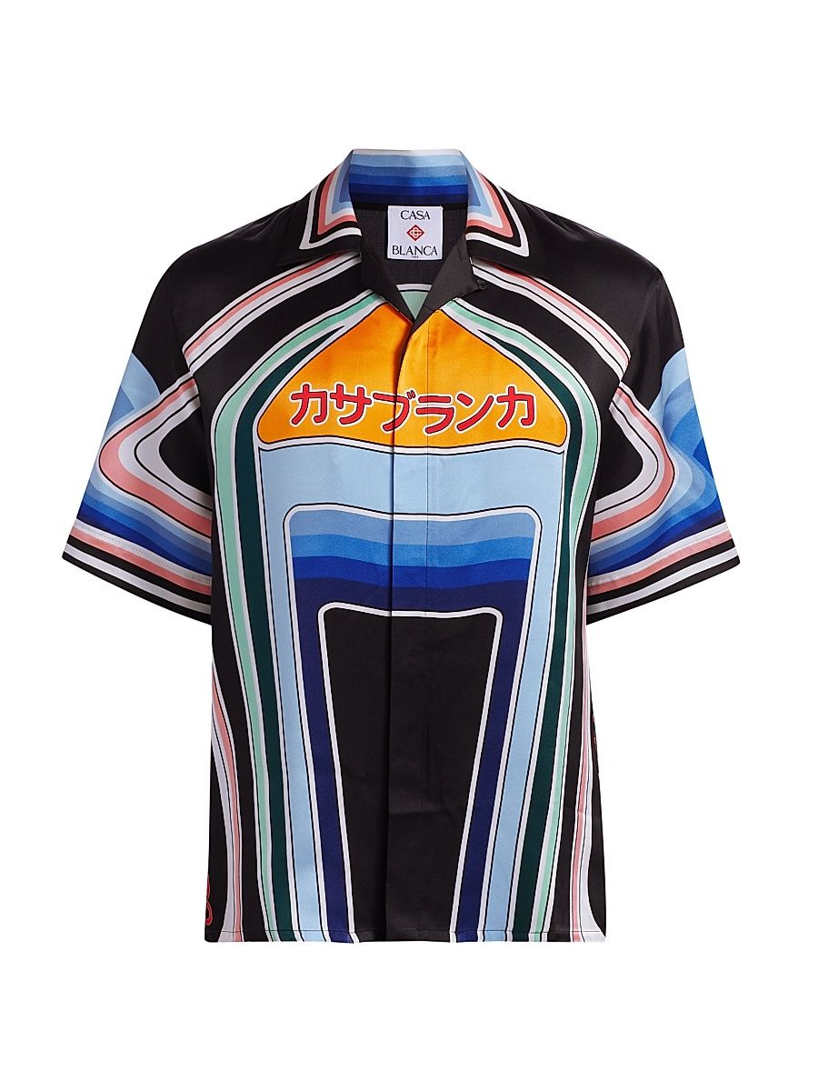 Men's Printed Silk Cuban Collar Shirt - Graphic Mountain - Size Large