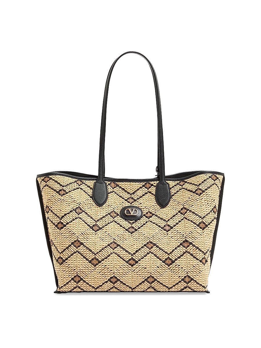 Women's Raffia Tote Bag with Geometric Pattern - Natural Black