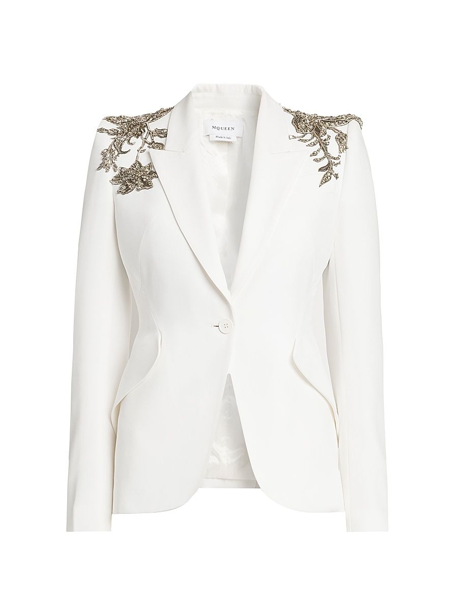 Women's Shoulder-Embellished Peak Lapel Jacket - Light Ivory - Size 12