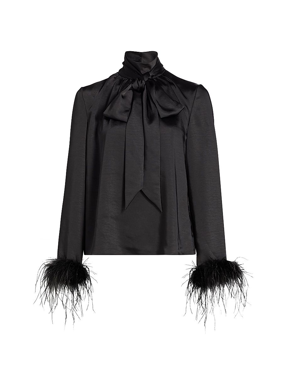 Women's Veronica Feather-Cuff Textured Satin Blouse - Jet - Size 14