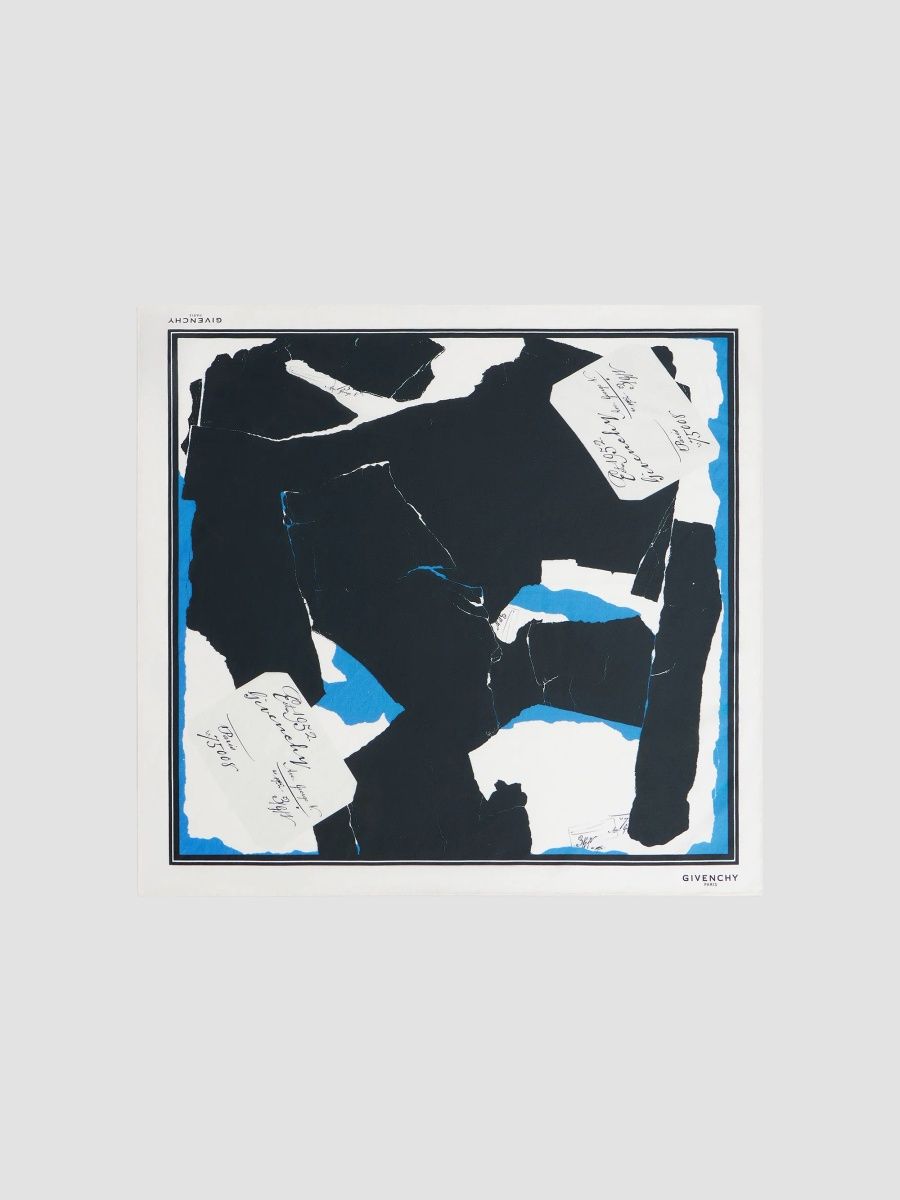 Givenchy Men's Small Square Scarf in Cotton and Silk with Collage Print - White Blue