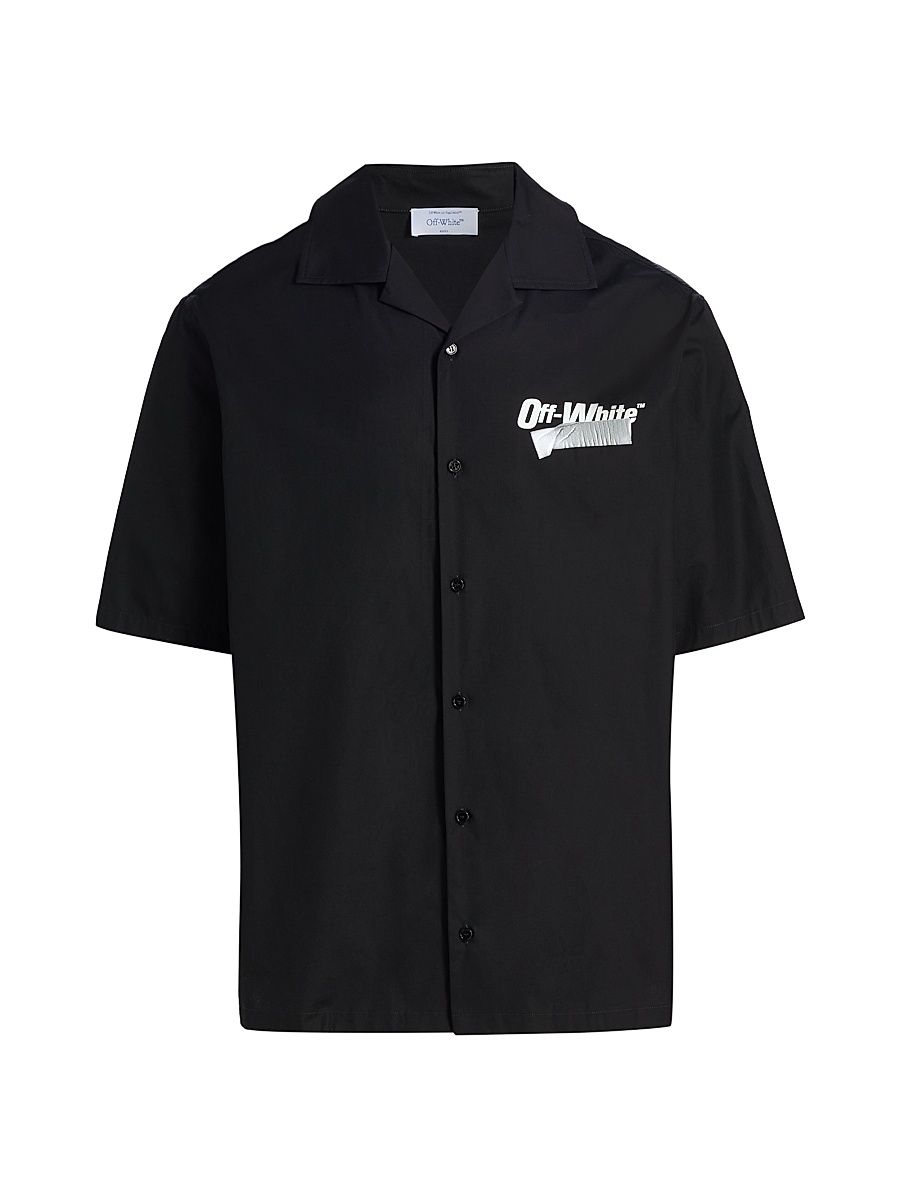 Men's Tape Logo Poplin Bowling Shirt - Black White - Size 44