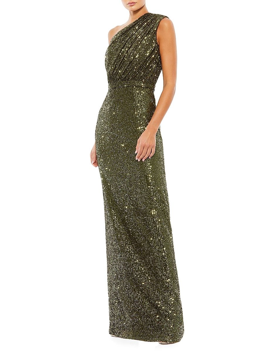 Women's Sequined Ruched One-Shoulder Gown - Olive - Size 16