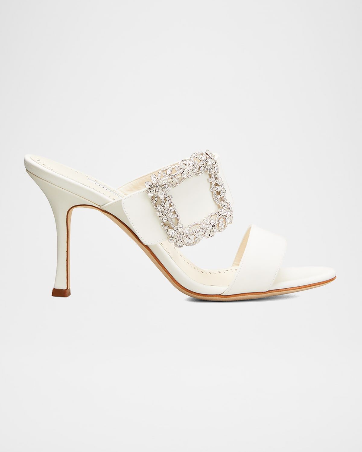 Gable Silk Crystal Buckle Slide Sandals, Cream