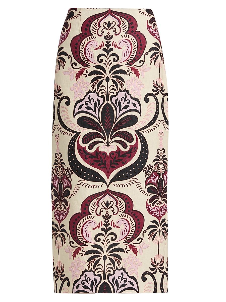 Women's Sienna Printed Linen Pencil Skirt - Palm Pavillion Ivory - Size 10