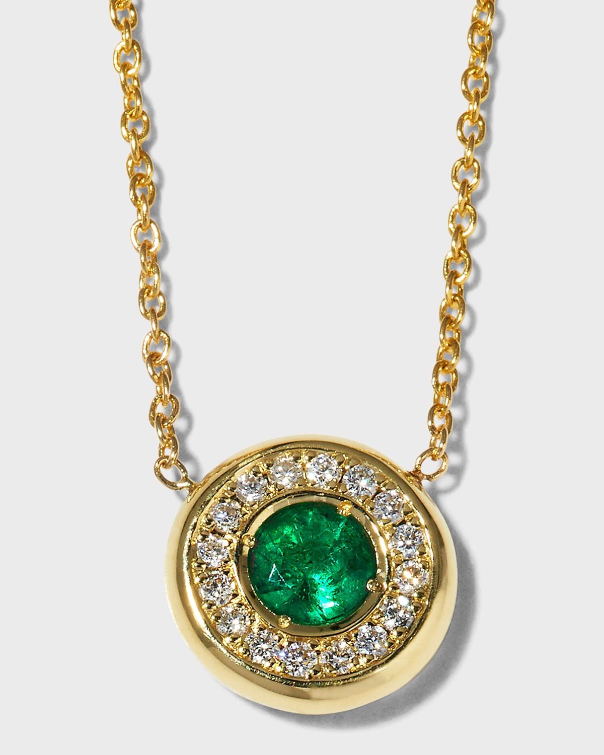 Yellow Gold Emerald Pendant Necklace with Diamond Halo