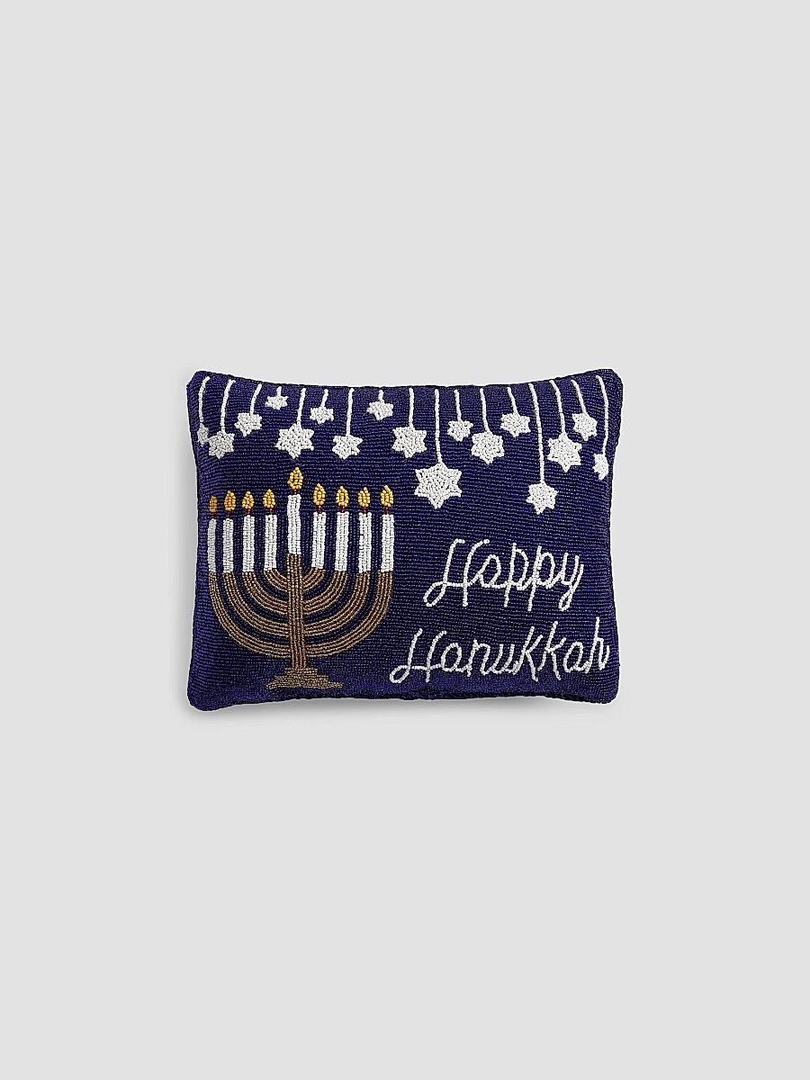 Sudha Pennathur Happy Hanukkah Beaded Velvet Pillow - Blue