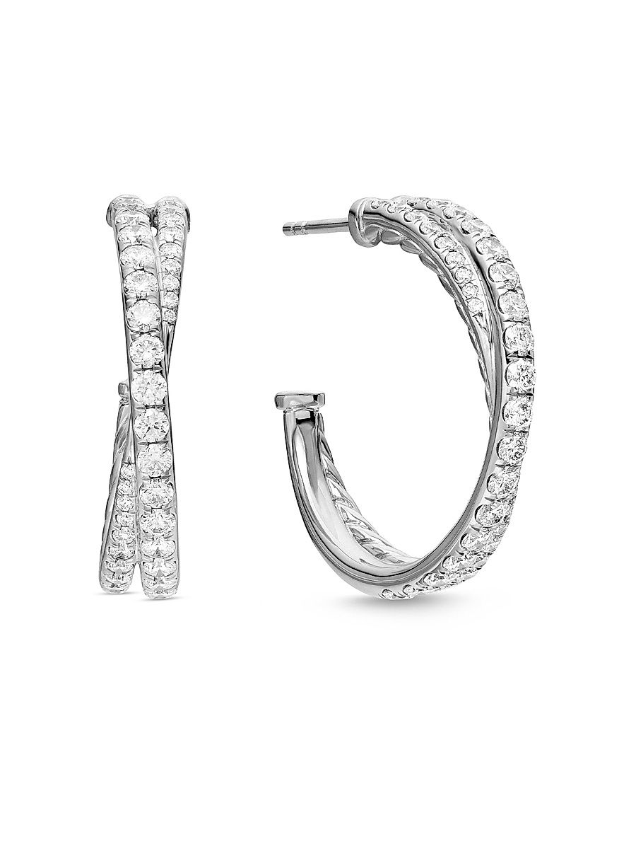 Women's Pavé Crossover Hoop Earrings in 18K Gold with Diamonds, 24mm - White Gold