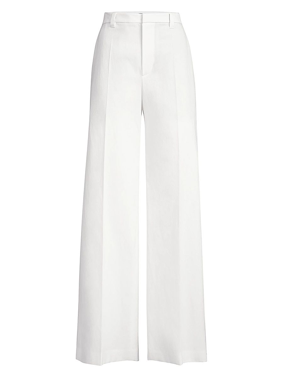 Women's Cotton and Paper Yarn Diagonal Loose Flared Trousers with Monili - White - Size 14