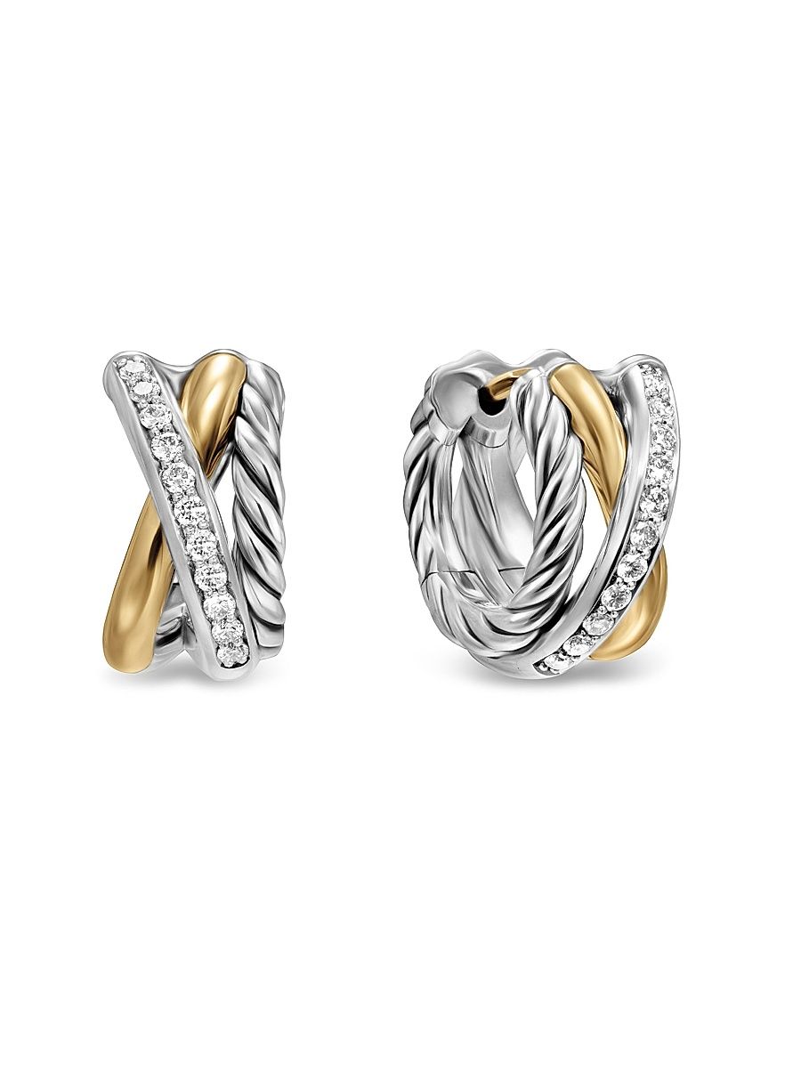 Women's Crossover Three Row Huggie Hoop Earrings in Sterling Silver with 18K Yellow Gold, 13MM - Diamond