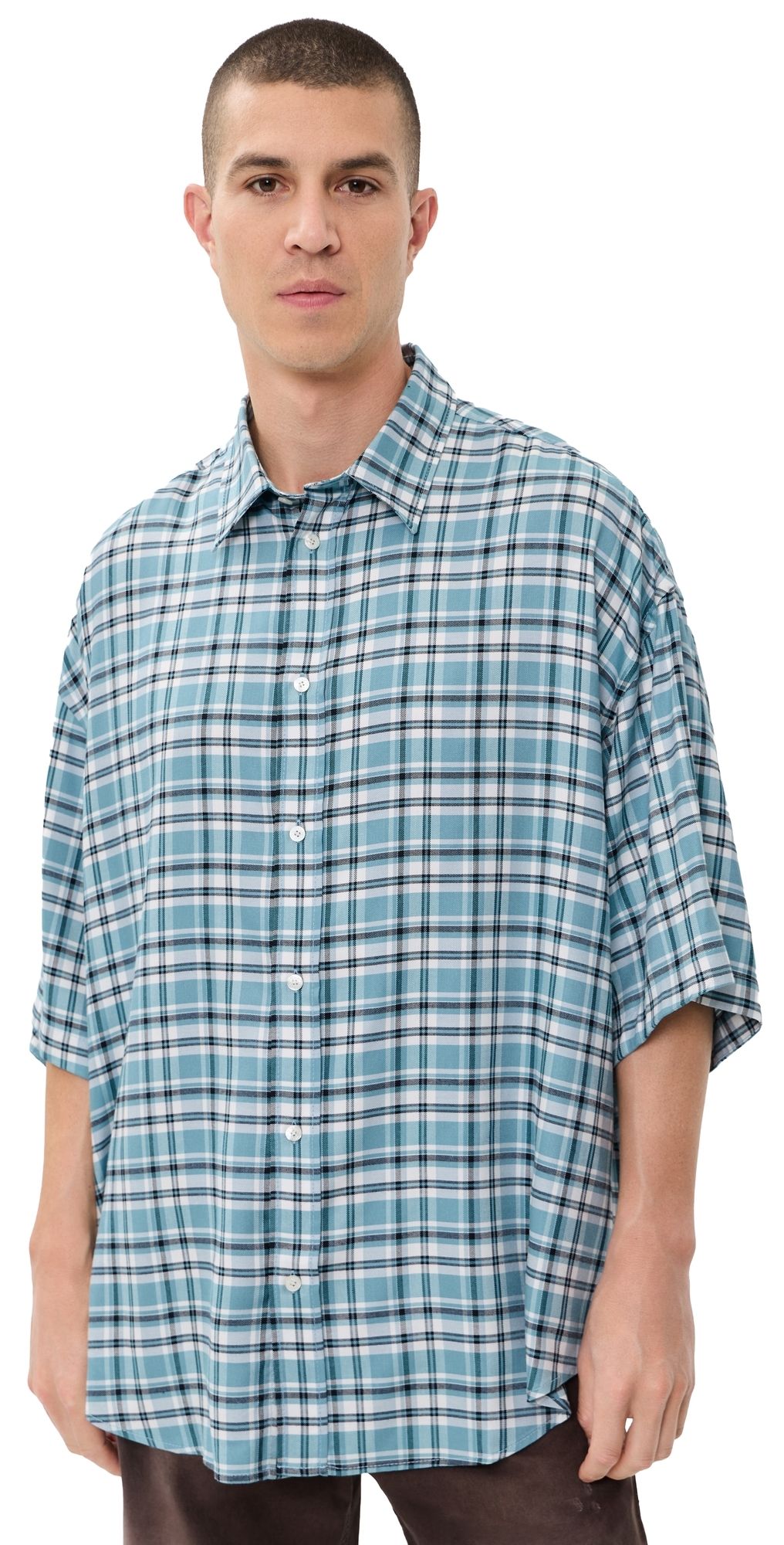 Acne Studios Setar Fluid Check Flannel Shirt Turquoise/Blue/White 46