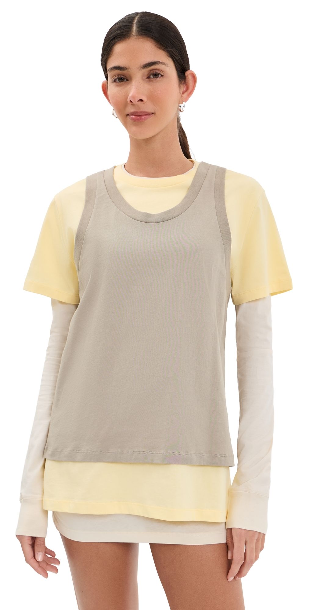 WARDROBE. NYC Layered Tee Mini Dress Pearl/Lemon/Taupe S